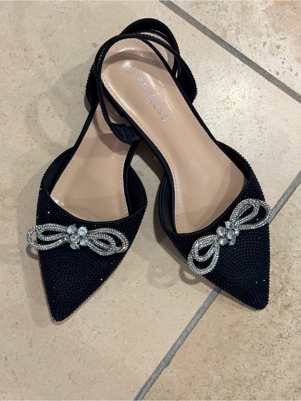 Berness Black Crystal-Embellished Pointed Slingback Flats
